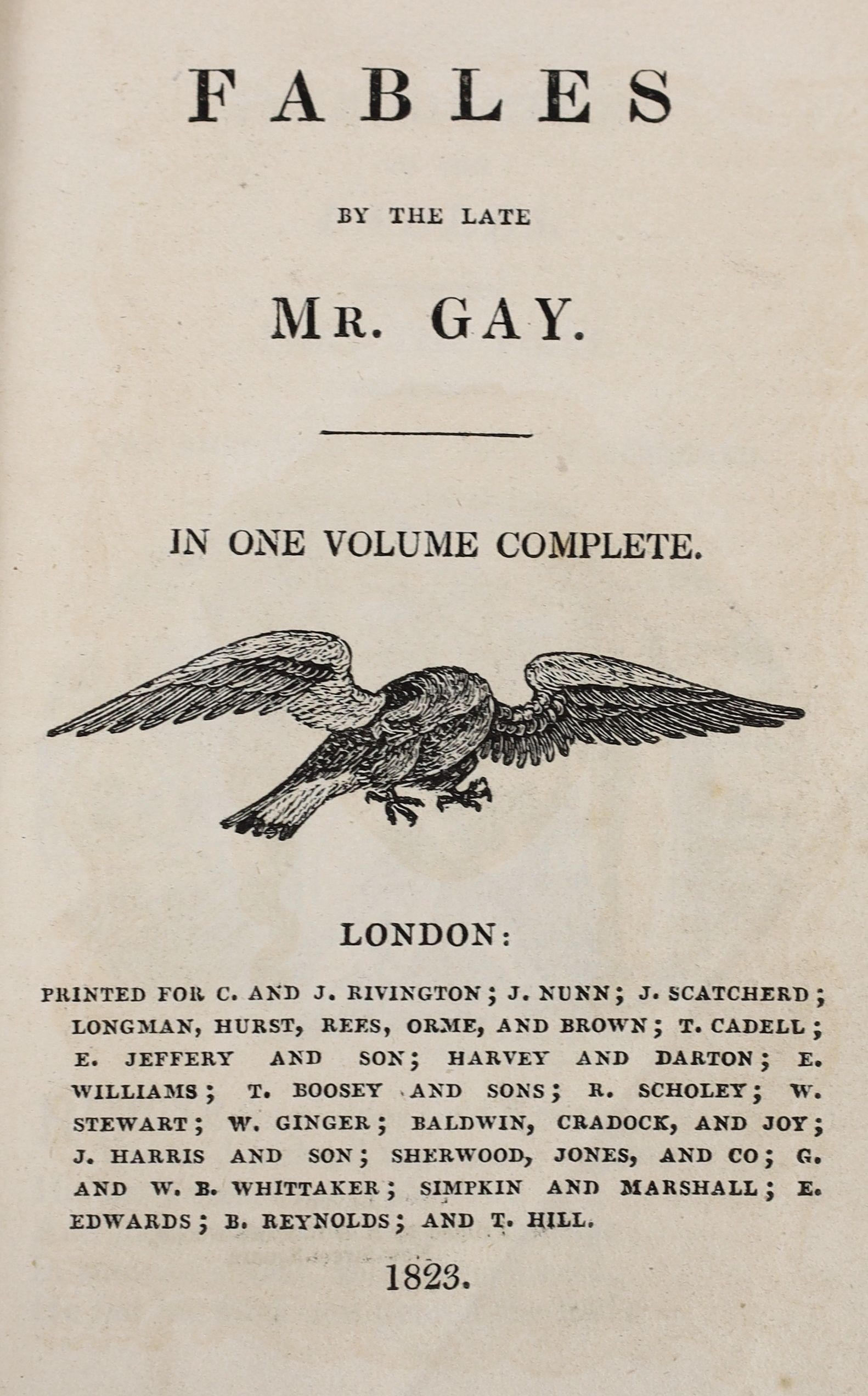 Gay, John - Fables, 2 parts in 1, 12mo, calf, illustrated with woodcuts by Thomas Bewick, T. Longman et al, London, 1796 and a further edition, 12mo, calf, front board detached, C & J. Rivington et al, London, 1823 (2)